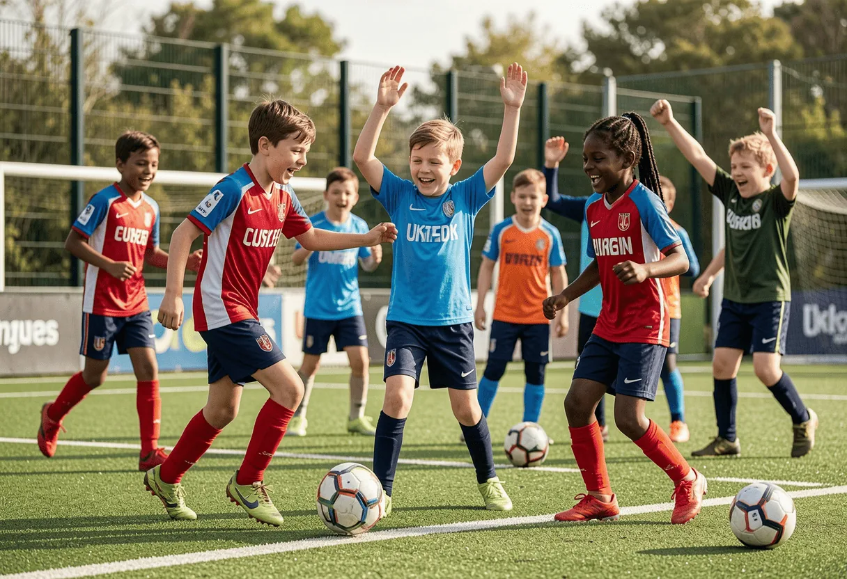 Grupo infantil jugando al futbol